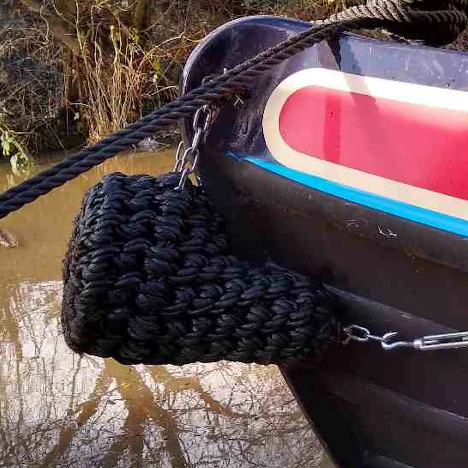Rope V Bow Fender On The Front Of Narrowboat Bosley Moored At New Mills On The Peak Forest Canal