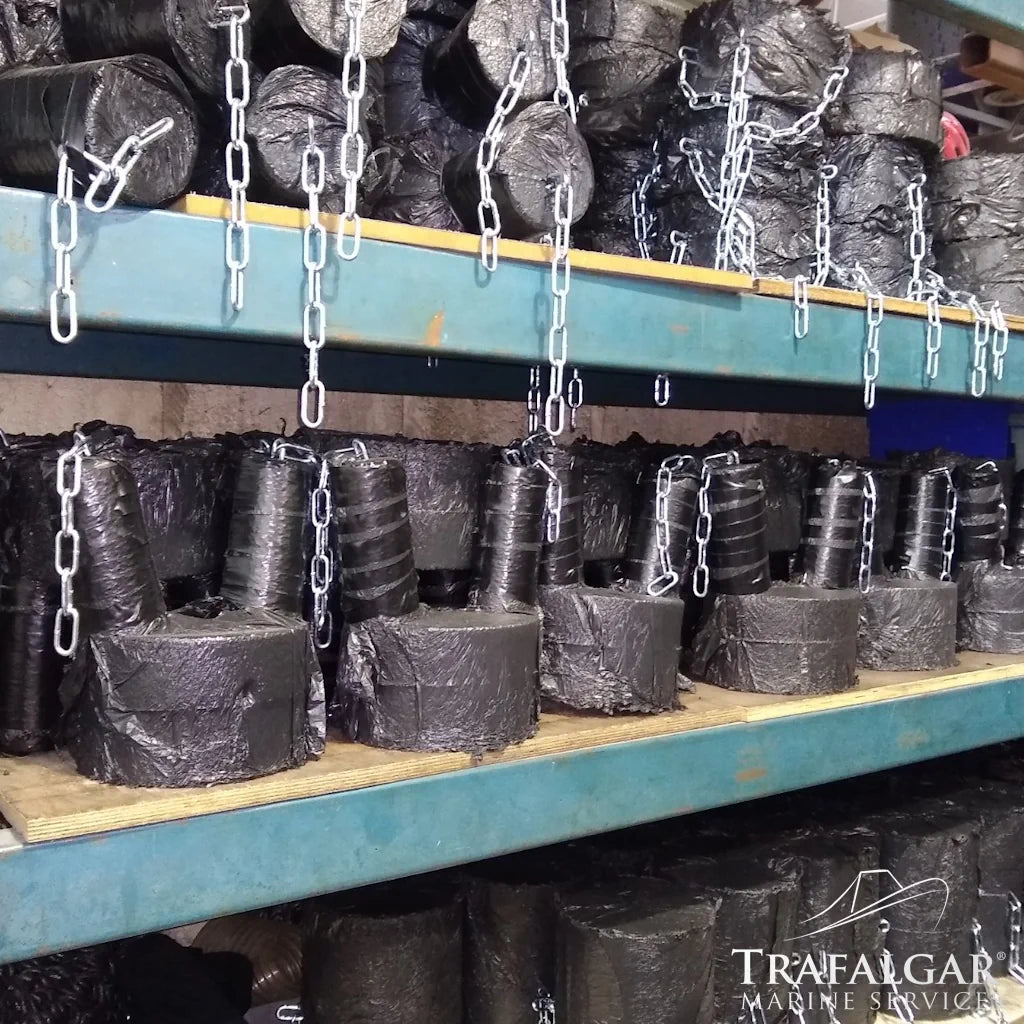Rubber Fender Cores, V Bow, Long Button, Short Button and Tipcat Fender Cores On A Shelf