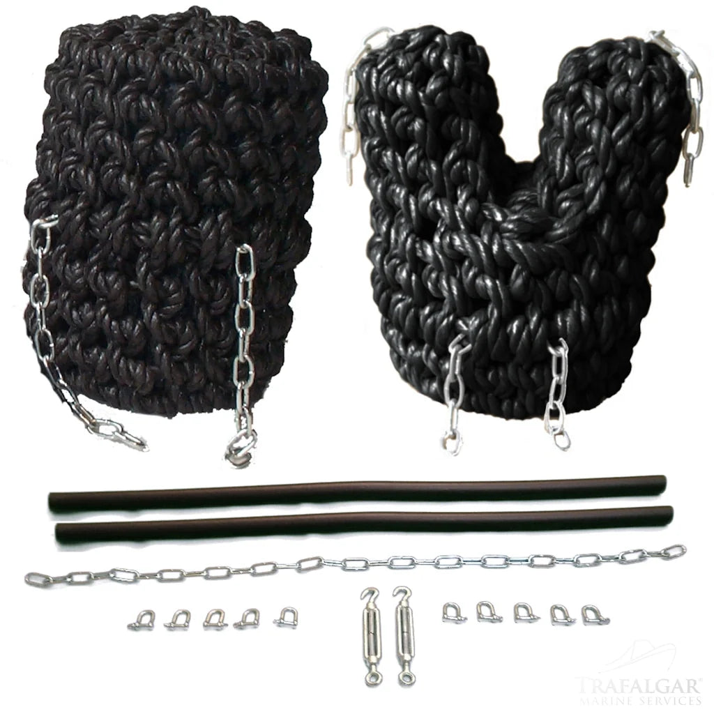 Fender Set For Canal Boats Including One Long Button Fender One V Bow Fender And A Fender Fitting Kit With Everything You Need To Attach Them To Any Boat.