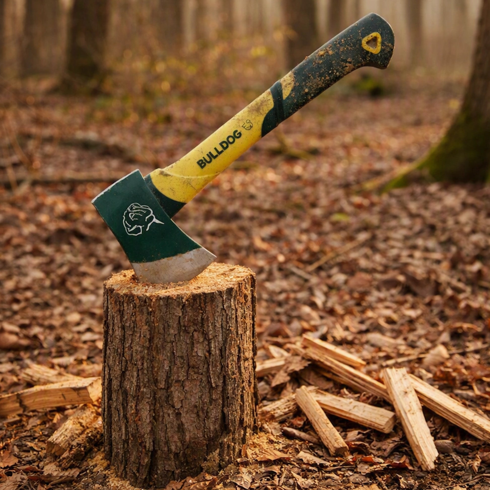 A green and yellow Bulldog hatchet with a dark green handle, planted in a tree stump on a forest floor covered in wood chips.