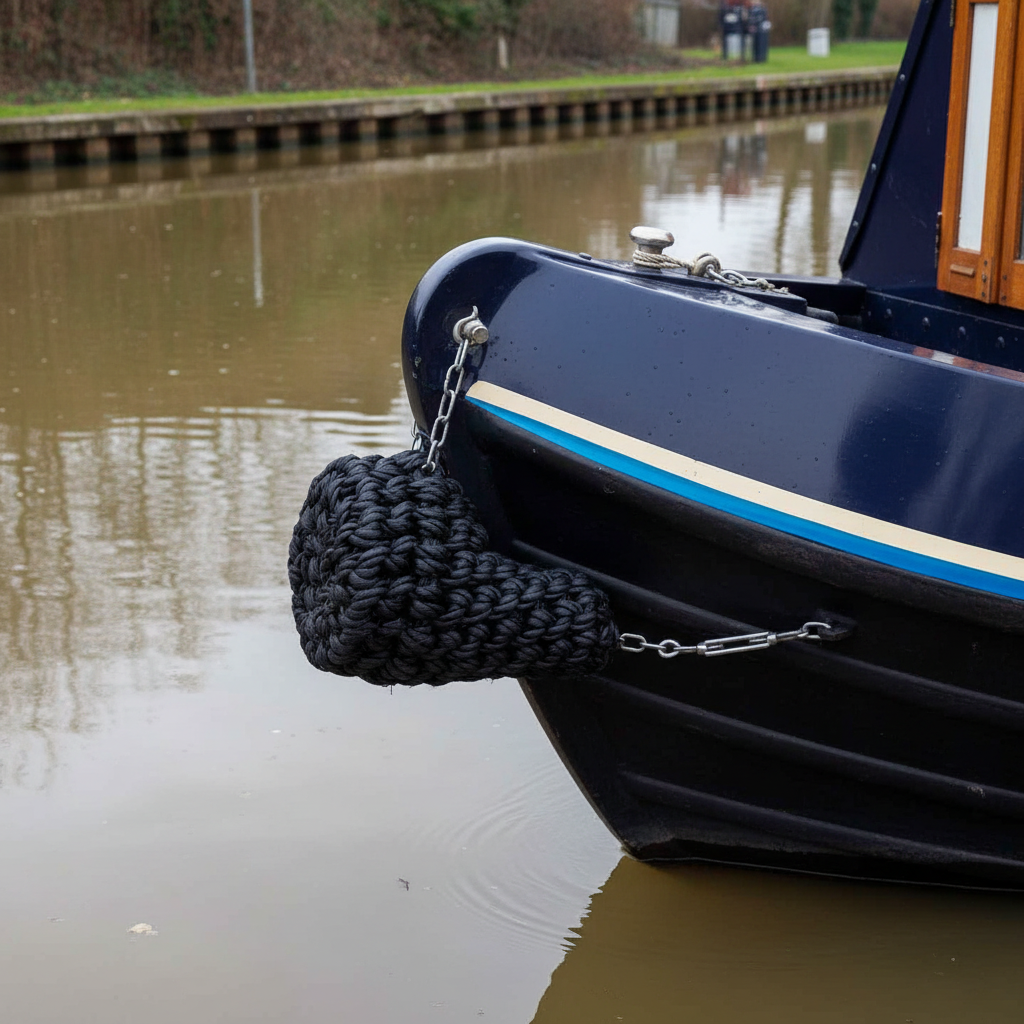 Short Button Rope Fender on Narrowboat