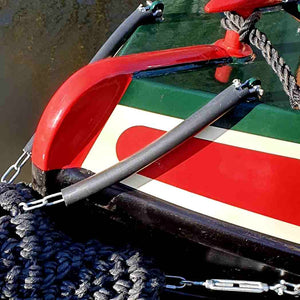 Fender Fitting Kit On The Front Of A Canal Boat. Turnbuckle On V Bow Fender And PVC Chain Protection Tube On Top Chains